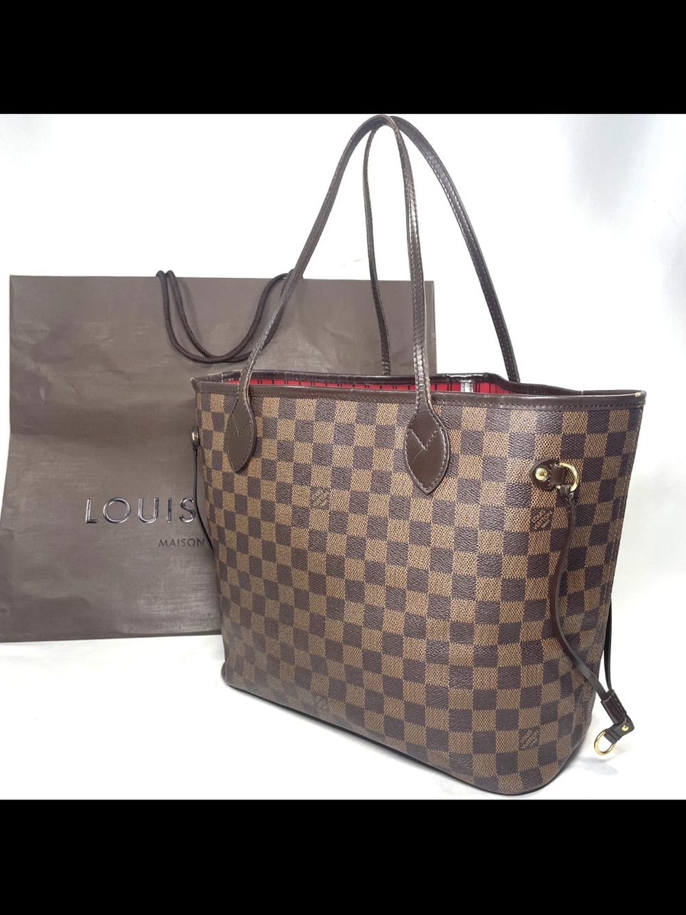 Louis Vuitton Brown Checkered Tote with Red Interior Trim
